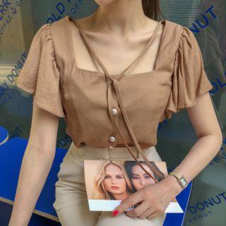 Ruffle-sleeve Faux-pearl Buttoned Blouse