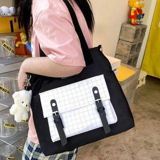 Buckled Check Panel Tote Bag