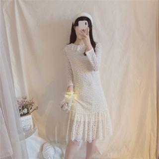 Lace Long-sleeve Ruffle Hem Shift Dress
