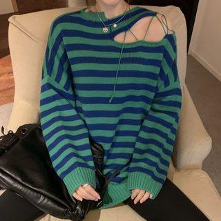 Striped Cold-shoulder Sweater Stripe - Green - One Size