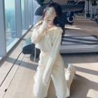 Set: Long-sleeve Plain Zipped Hooded Cropped Jacket + High-waist Drawstring Sweatpants