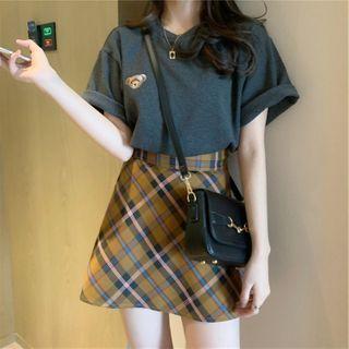 Set: Short-sleeve Bear Embroidered T-shirt + Plaid Mini A-line Skirt