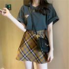 Set: Short-sleeve Bear Embroidered T-shirt + Plaid Mini A-line Skirt