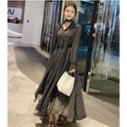 Long-sleeve Lace Panel Maxi A-line Collared Dotted Dress
