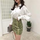 Long-sleeve Faux Leather Shirt / Snake Print Mini Skirt