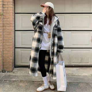 Long Sleeve Plaid Woolen Long Coat Black & White - One Size