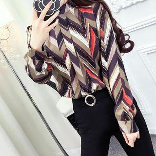 Set: Printed Long-sleeve Blouse + Slit Hem Pants