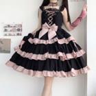 Bow Cat Ear Headpiece / Lace Choker / Spaghetti Strap Lace Up Ruffle A-line Dress / Set