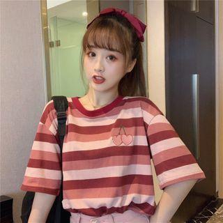 Embroidered Striped T-shirt Pink - One Size