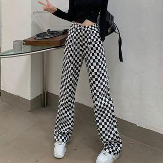 High-waist Checkerboard Straight Leg Jeans