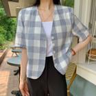 Short-sleeve Button-up Plaid Top Ash Blue - One Size