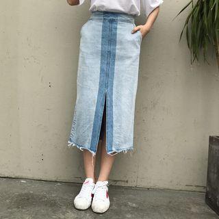 Slit Front Two-tone Denim Skirt