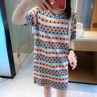 Elbow-sleeve Patterned Knit Dress Blue & Pink - One Size