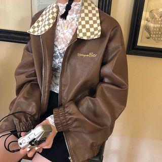 Checker Collar Faux Leather Zip Jacket