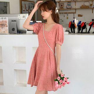Puff-sleeve Square-neck Floral A-line Dress