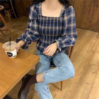 Long-sleeve Square-neck Plaid Slim-fit Blouse Blue - One Size