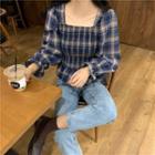 Long-sleeve Square-neck Plaid Slim-fit Blouse Blue - One Size