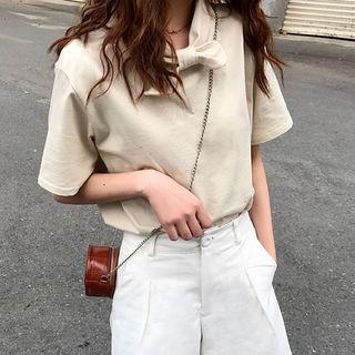 Short-sleeve Tie-neck Plain T-shirt