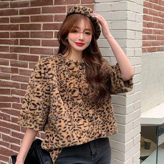 Elbow-sleeve Leopard Print Fluffy T-shirt Leopard - Coffee - One Size