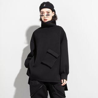 Long-sleeve Plain Pocket-front Sweatshirt Black - One Size