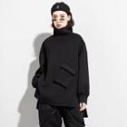 Long-sleeve Plain Pocket-front Sweatshirt Black - One Size