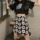 Set: Short Sleeve Printed Cropped T-shirt + Flower Print Mini A-line Skirt