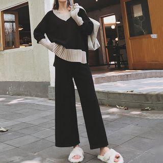 Set: Two-tone Sweater + Wide-leg Knit Pants Sweater - Gray Trim - Black - One Size / Pants - Gray Trim - Black - One Size