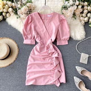 V-neck Puff-sleeve Ruffle Dress