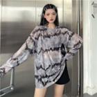 Long-sleeve Round Neck Tie-dyed Top Gray - One Size