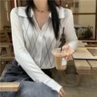 Long-sleeve Argyle Button-up Slim-fit Knit Top As Figure - One Size