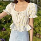 Puff-sleeve Floral Embroidered Frill Trim Top
