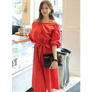 Off-shoulder Balloon-sleeve Midi Shirtdress With Sash
