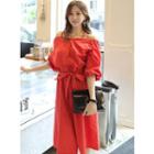 Off-shoulder Balloon-sleeve Midi Shirtdress With Sash