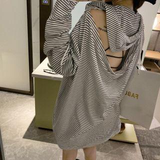 Striped Hooded Open Back Long-sleeve T-shirt
