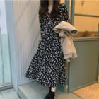 Floral Crew-neck High-waist Dress Black - One Size