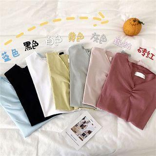 Plain Frilled V-neck Slim-fit Short-sleeve Top