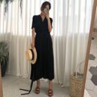 Wrap-front Shirred Midi Dress