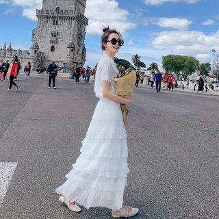 Set: Fringed Short-sleeve Top + Layered Maxi A-line Skirt