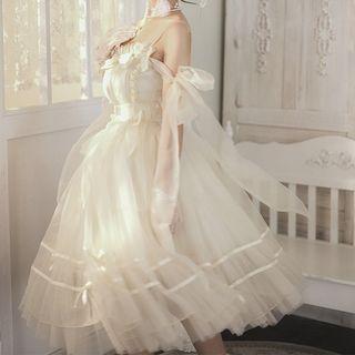 Spaghetti Strap Lace Trim Bow Detail A-line Dress / Midi A-line Dress