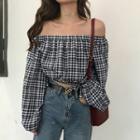 Off Shoulder Plaid Blouse As Shown In Figure - One Size