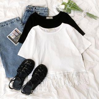 Short-sleeve Plain Fringed T-shirt