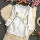 Long-sleeve V-neck Bow A-line Dress