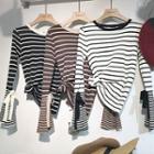 Bell-sleeve Stripe Bow-tied Knit Top