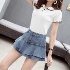 Tiered Washed Denim Mini A-line Skirt