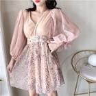 Lantern-sleeve Sequined V-neck Mini A-line Chiffon Dress