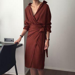 Long-sleeve Wrap Midi Sheath Shirt Dress