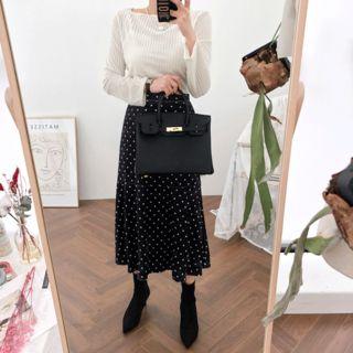 Set: Square-neck Ribbed Top + Ruffle-hem Dotted Long Skirt