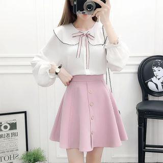 Set: Embroidered Trim Bow Blouse + A-line Skirt