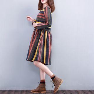 Striped Crewneck Long-sleeve Dress