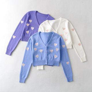 Heart Embroidered Cropped Cardigan